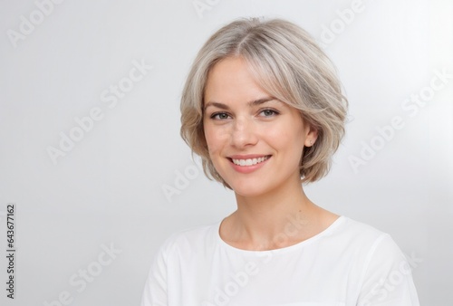 a portrait of an older woman with grey hair and a white shirt smiling on a white background © Neil