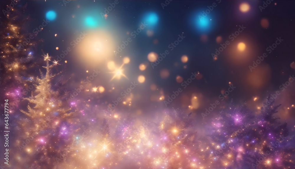 Blurred christmas background with sparkles, stars, shiny garland, illumination, christmas tree, decorations in violet and golden colors. Copyspace for new year greeeting card, postcard. Blurred christmas background with sparkles, stars, shiny garland, illumination, christmas tree, decorations in violet and golden colors. Copyspace for new year greeeting card, postcard.