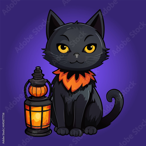 Halloween black cat with vintage oil lamp, lantern. Trendy hand drawn graphic. Cartoon style vector illustration violet. Decoration for Halloween party poster, greeting card, flyer, banner. Clip-art.