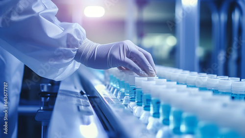 Women's hands in washing gloves on the blurred background of the production line. Scientist hand working in laboratory. science, chemistry and medicine concept. Pharmacist making medicines.