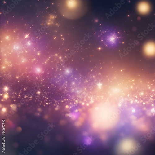 Blurred christmas background with sparkles  stars  shiny garland  illumination  christmas tree  decorations in violet and golden colors. Copyspace for new year greeeting card  postcard.