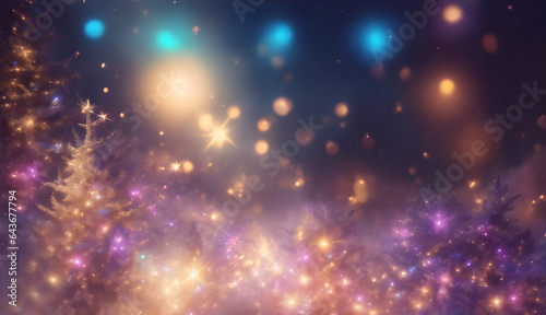 Blurred christmas background with sparkles, stars, shiny garland, illumination, christmas tree, decorations in violet and golden colors. Copyspace for new year greeeting card, postcard.