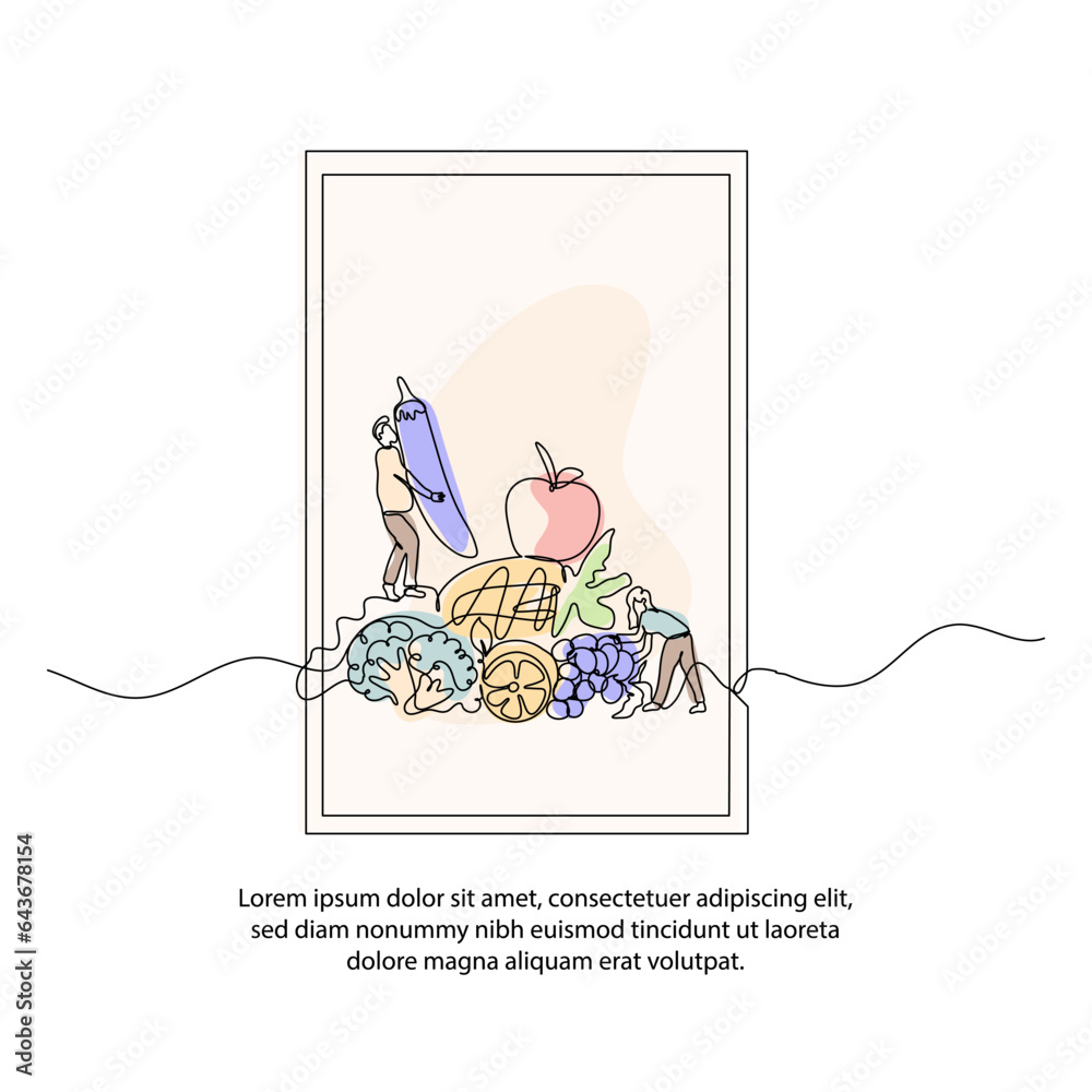 Obraz premium One line about nutritious food poster drawing with frame. Abstract minimal continuous line wall decor.