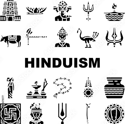 hinduism hindu god om icons set vector. india krishna, sculpture indian, statue lord, vishnu religion, vedic deity hinduism hindu god om glyph pictogram Illustrations