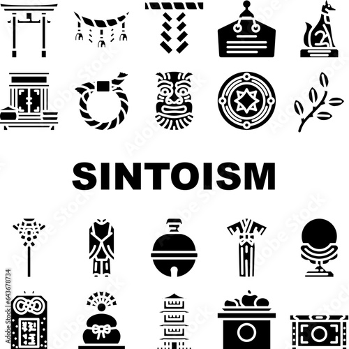 shinto japan shrine travel icons set vector. temple worship, asia architecture, religion religious, faith sintoism, japanese shinto japan shrine travel glyph pictogram Illustrations