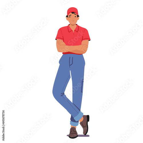 Confident Courier Male Character Stands With Crossed Arms, Exuding Professionalism And Reliability, Vector Illustration