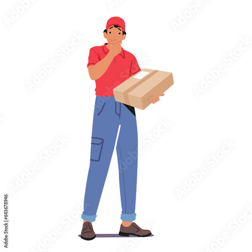 Perplexed Courier Male Character Holds A Package, Scanning The Address With A Puzzled Expression Vector Illustration