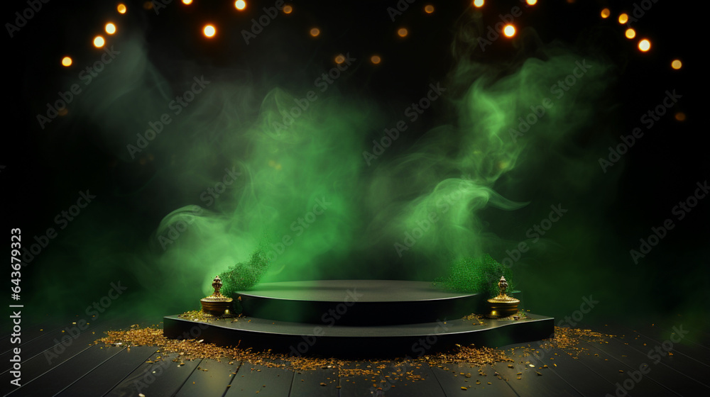 Festive empty podium or stage for product presentation. Green smoke and shiny gold bokeh. Background with copy space. Generative AI