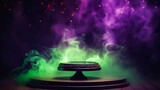 Empty podium or stage with  bokeh background. Purple and green colors. Copy space.  Generative AI