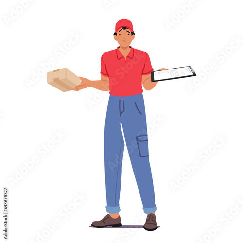 Befuddled Courier Character Holds A Parcel In One Hand And A Clipboard In The Other, Wearing A Perplexed Expression