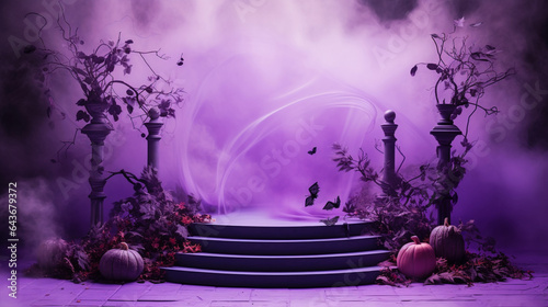Empty podium or stage with halloween decorations. Purple smoke. Copy space. Generative AI