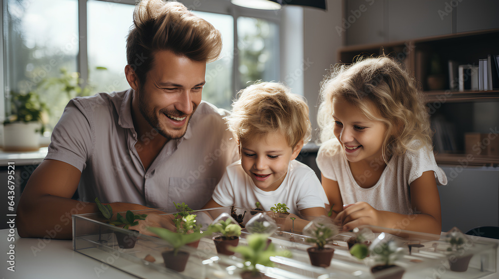 happy family with little kids taking care of houseplants at home happy family with little kids taking care of houseplants at home