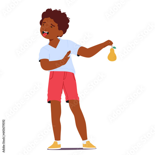 Stubborn Child Rejects Eating Pear, Scrunching Up Face In Disgust. Little Black Boy Dont Want To Eat Healthy Food