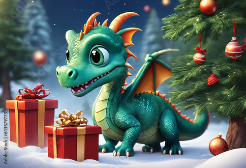 Happy baby green dragon is holding Christmas present. Generative AI © Sergey Ilin