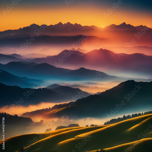 Amazing landscape with sunset over the mountains. Vibrant colors, serene atmosphere, panoramic view.