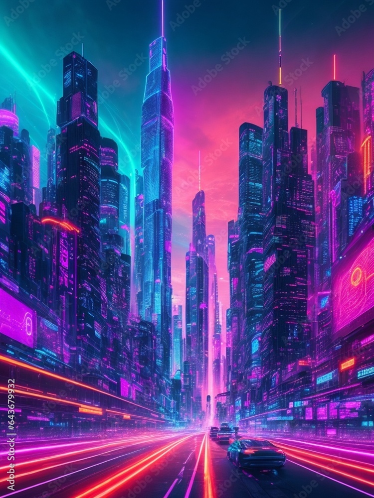 This captivating stock photo captures a vibrant futuristic cyberspace cityscape in all its glory. The scene is a mesmerizing blend of art and technology, boasting a sprawling urban landscape character
