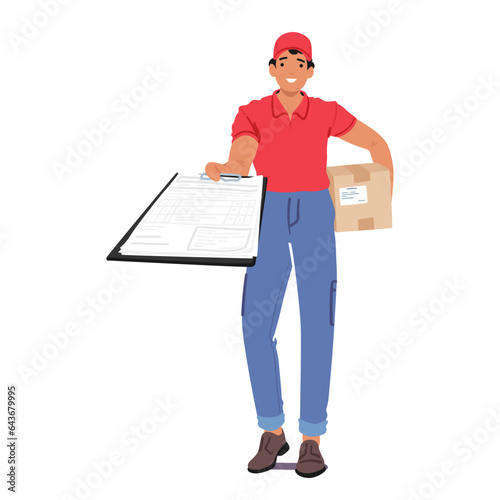 Courier Character With Parcel Presents Paper For Signature. Quick Exchange, Ensuring Secure Delivery And Confirmation