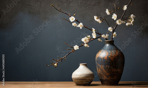 Close-up of a rustic Japanese clay vase in wabi-sabi style. Created by AI