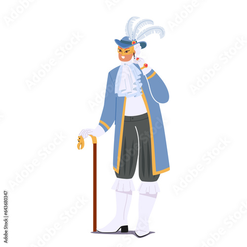 Man Adorned In Vibrant Venetian Masquerade Costume, Featuring Intricate Details, Elaborate Masks, Vector Illustration