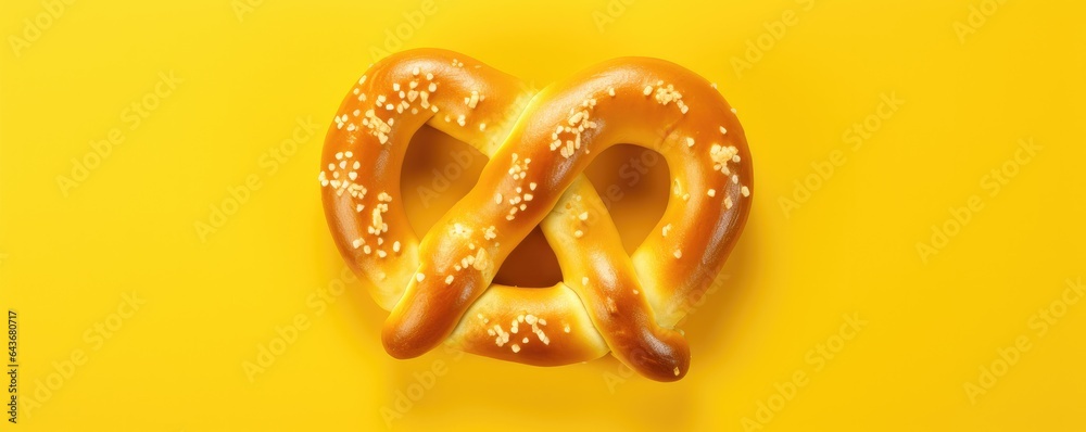 Isolated fresh pretzel on the yellow background. Generative AI.