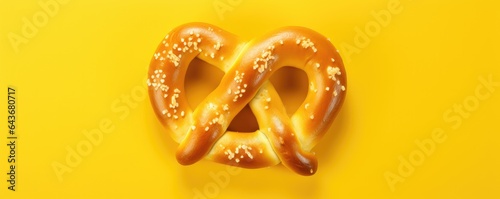 Isolated fresh pretzel on the yellow background. Generative AI.