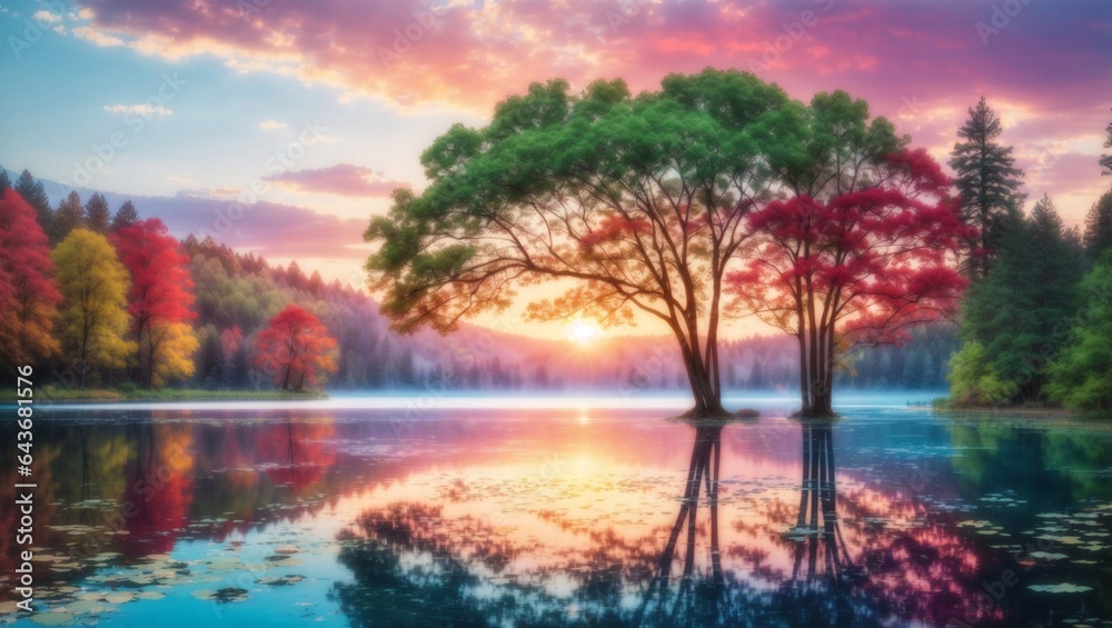 A tree in the lake with beautiful sunset