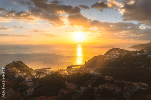 Landscape with Ribeira Brava town at sunset, Madeira island, Portugal