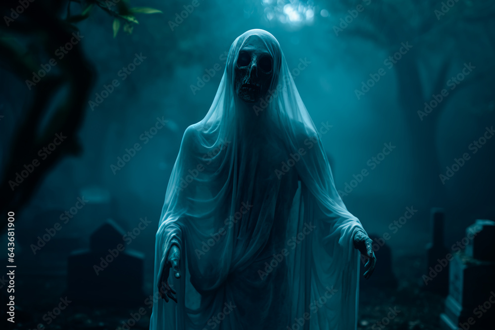 A scary ghost in the cemetery. A terrible mythical creature