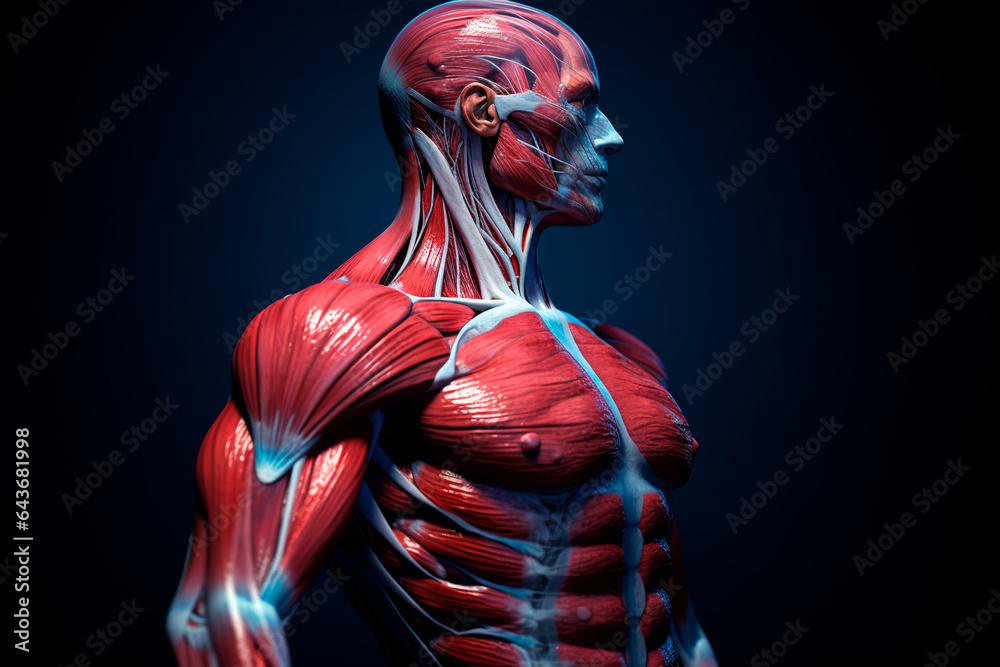 Human muscles on a dark isolated background. Health and fitness concept Human muscles on a dark isolated background. Health and fitness concept