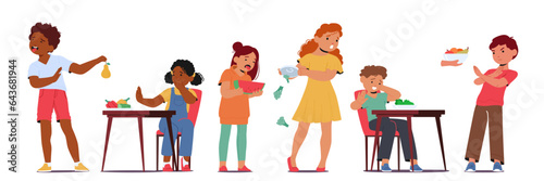 Stubborn Children Reject Nutritious Food, Opting For Unhealthy Choices. Little Boys And Girls Throw Out Vegetables