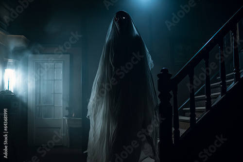 A scary ghost in an old house. A terrible mythical creature. Scary stories concept photo