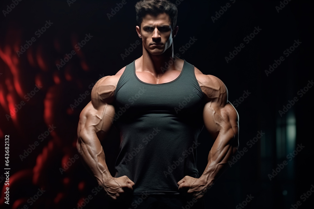 Handsome pumped up man on dark isolated background. Health and fitness concept Handsome pumped up man on dark isolated background. Health and fitness concept