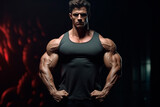 Handsome pumped up man on dark isolated background. Health and fitness concept