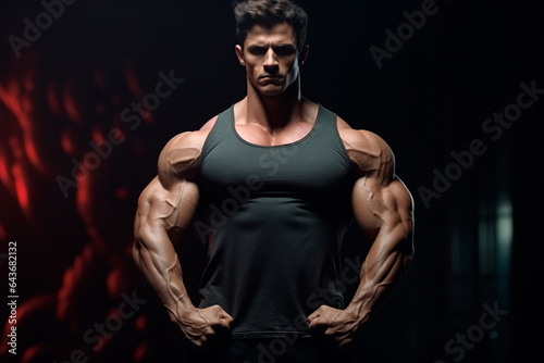 Handsome pumped up man on dark isolated background. Health and fitness concept