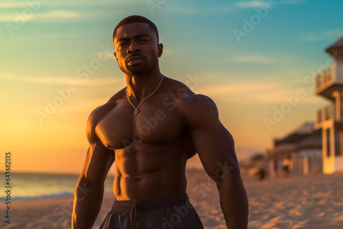 Handsome black pumped man at sunset on the beach