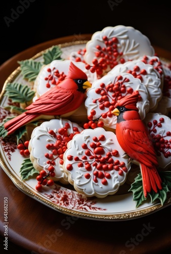 Chrismass cookies on a plate with red birds symbol