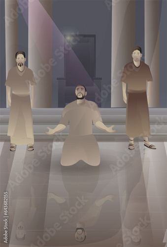 King of Nineveh on his knees. Repentance of Nineveh. Jonah in Nineveh. Bible stories. Vector illustration. Old testament photo