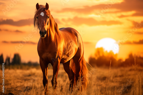 Brown graceful horse on the field at sunset. Portrait of an animal