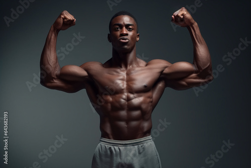 Black man on dark isolated background showing his biceps Pumped up man without a t-shirt