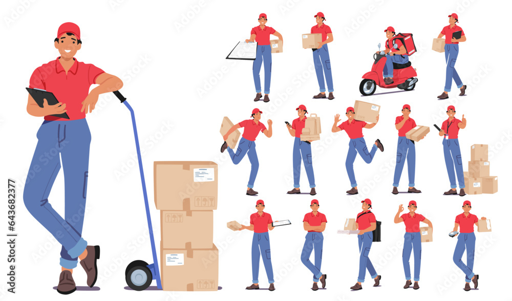 Set of Efficient Courier Delivery Service Characters Transport Packages And Documents Securely And Promptly