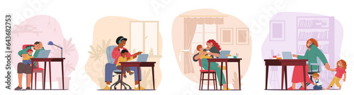 Multi-tasking Business Mothers Skillfully Balance Work On Laptops While Caring For Their Children, Vector Illustration