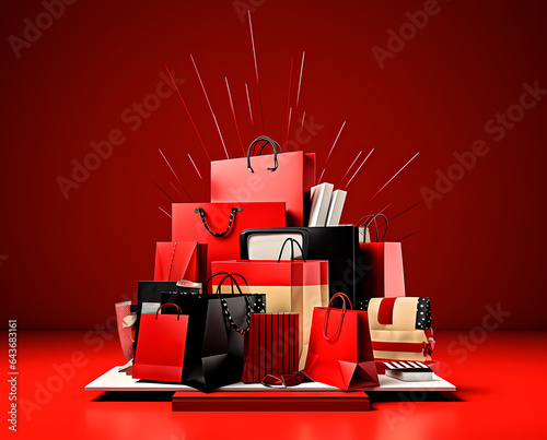 shopping black friday concept, many bags one over another, happy woman and cart trolley with goods inside generative ai mockup banner for advertising