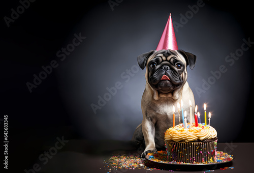 cute dog different breed with birthday cap and cake, balloons and flags isolated, mockup free space for text, wide banner. generative ai