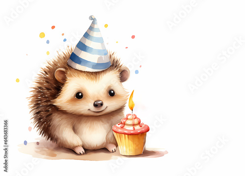 cute cartoon hedgehog with birthday cap and cake candles isolated on white generative ai
