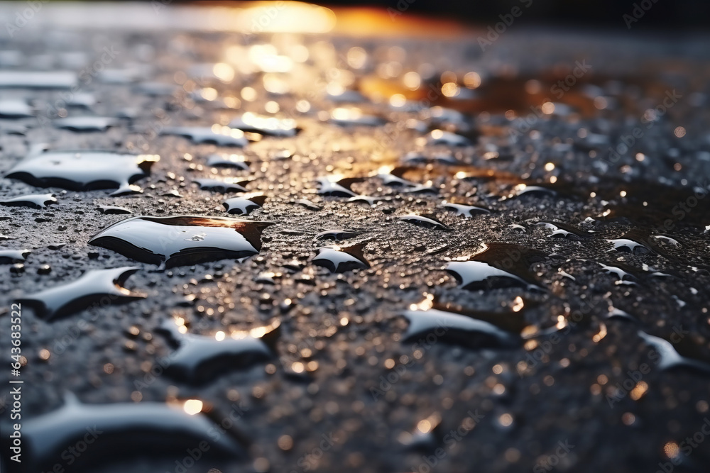 Drops of warm summer rain, falling on the asphalt close up Drops of warm summer rain, falling on the asphalt close up