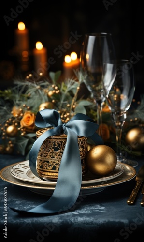 Christmass and New Year party table setting with winter holiday decorations