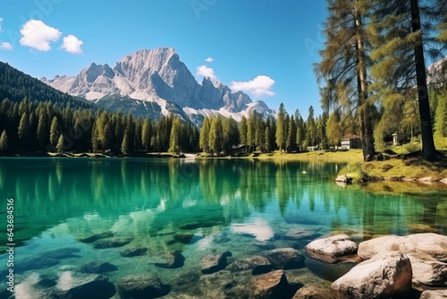 Turquoise Sorapis Lake in Cortina d Ampezzo, with Dolomite Mountains and Forest