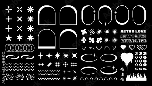 Retro shapes and frames, y2k graphic design elements, vector collection of 2000s graphic geometric forms, signs and symbols.