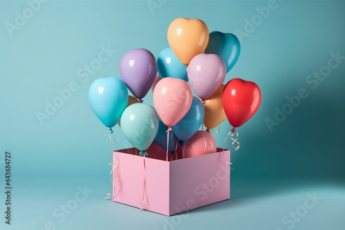 Heart balloons colored emerge from gift box, celebration concept, nice colorful range