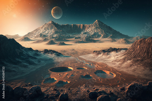Extraterrestrial landscape alien planet in deep cosmos, with a planet on the horizon